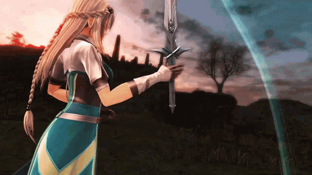 a video game character is holding a sword in her hand