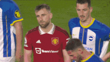 a soccer player wearing a red jersey that says teamviewe on it