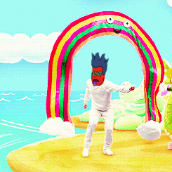 a man with a mask on his face is standing under a rainbow