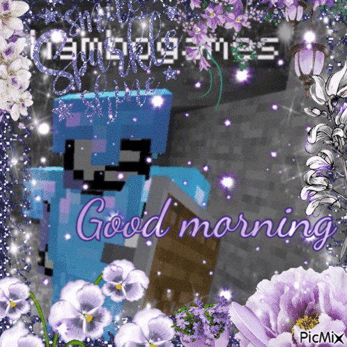 a picture of purple flowers with the words good morning on it