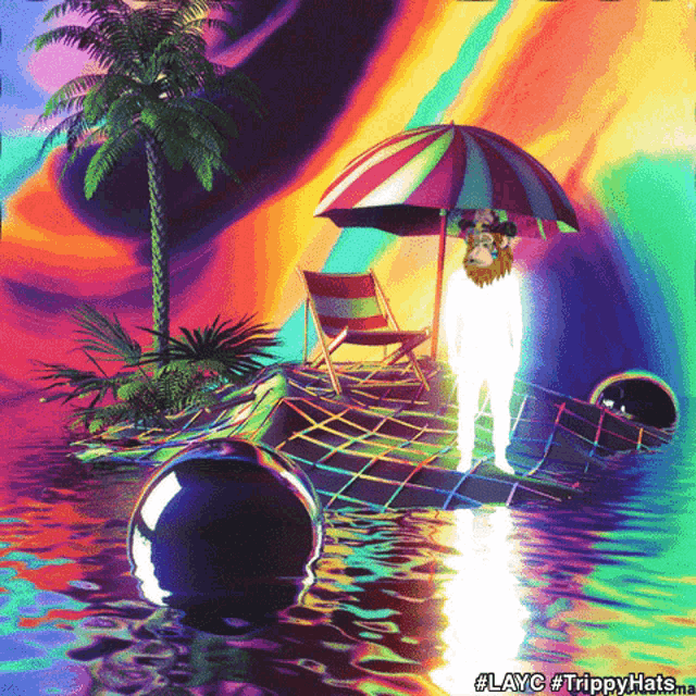 a colorful painting of a man holding an umbrella with the hashtag #lavc #trippy hats