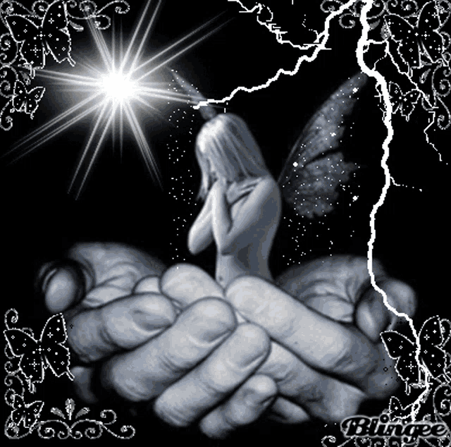 a black and white photo of a woman with wings and a lightning bolt