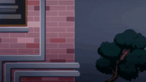 a cartoon drawing of a person standing in front of a brick building