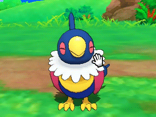 a blue and yellow parrot with hearts on its head