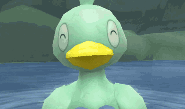a green duck with a yellow beak and a white eye