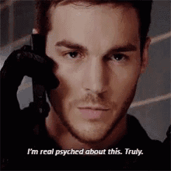 a man is talking on a cell phone and saying `` i 'm real psyched about this . truly '' .