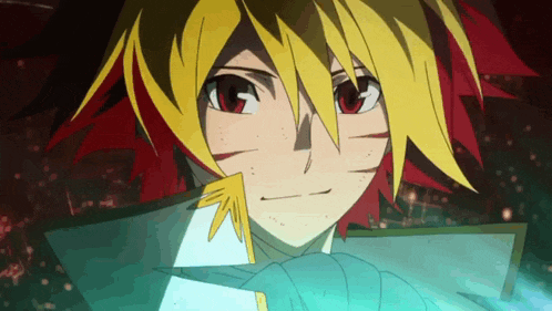 a close up of a anime character with red eyes and yellow hair