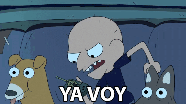 a cartoon character holding a walkie talkie with ya voy written on the bottom