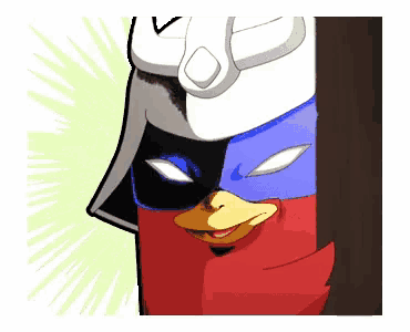 a cartoon drawing of a duck wearing a mask and a helmet