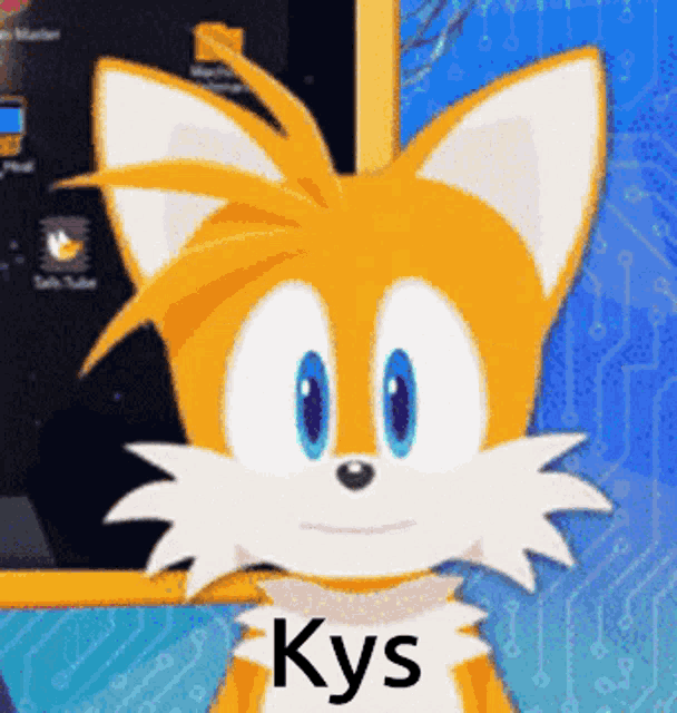 tails from sonic the hedgehog is smiling and has the word kys on his shirt