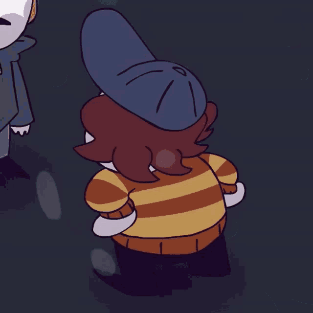 a cartoon character with a striped shirt and a hat looks angry