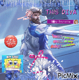 a man with a beard is standing in front of a car with the words this diva sexy brunette on it
