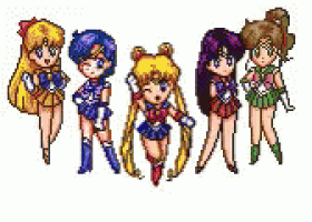 a pixel art of a group of sailor moon characters standing next to each other .