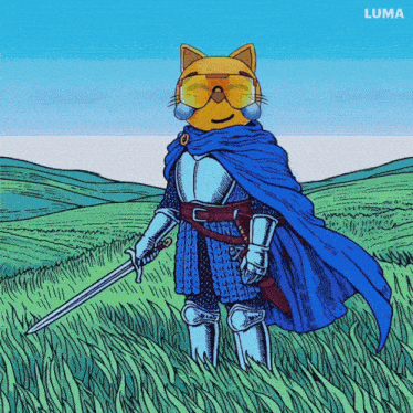 a drawing of a cat wearing armor and holding a sword with luma written on the bottom