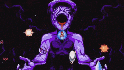 a pixel art of a purple demon with wings and a huge mouth .