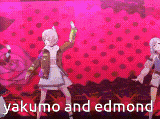 a group of anime characters are dancing on a stage in front of a pink background with polka dots .