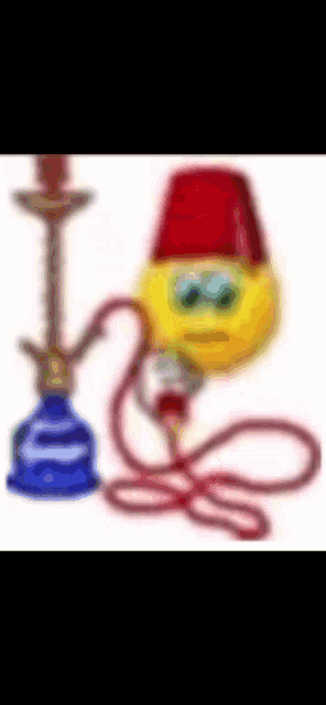 a smiley face is smoking a hookah and wearing a red hat
