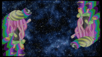 a painting of a clown in space with the letter c in the middle