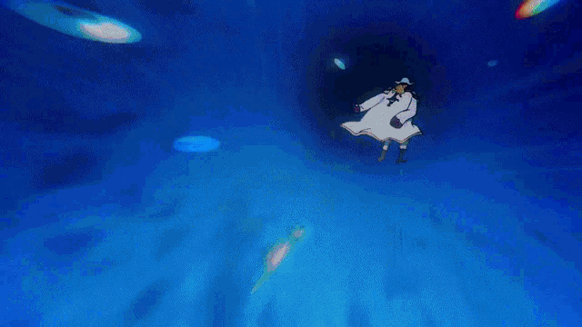 a cartoon character in a white cape is floating in the water