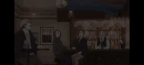 a man is flying through the air in a bar while people sit at tables .