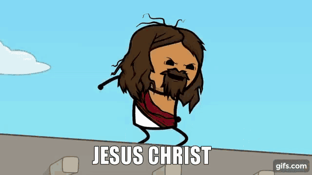 a cartoon of jesus with the words " jesus christ " on the bottom