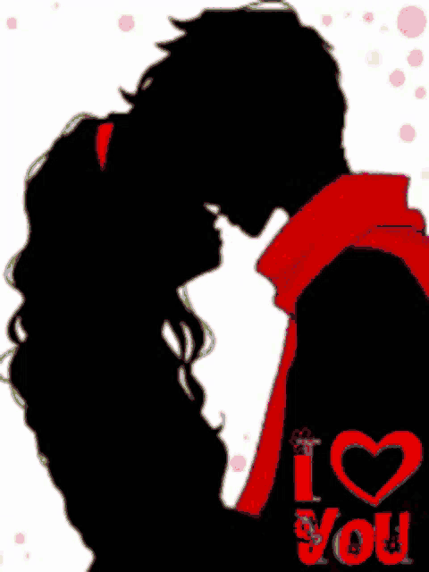 a silhouette of a man and a woman kissing with the words " i love you " on the bottom