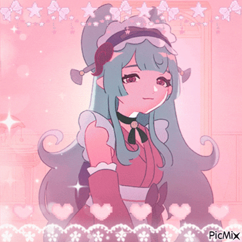 a drawing of a girl with long hair and a pink background with hearts and stars