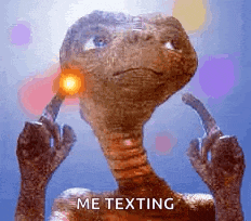 a close up of a cartoon character with the words `` me texting '' on the bottom .