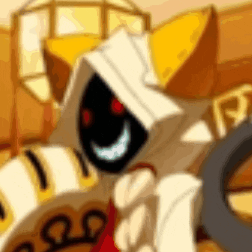 a cartoon character with a hood and red eyes is smiling and holding a sword .
