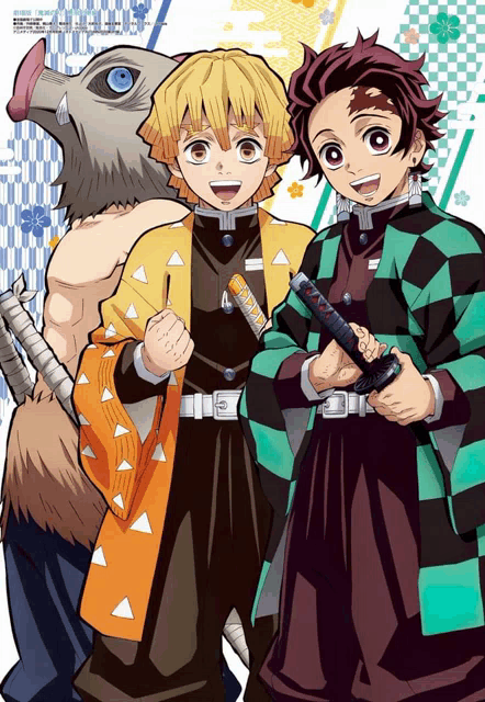 a group of anime characters are posing for a picture and one of them is holding a sword