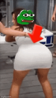 a woman in a white dress has a green frog on her head