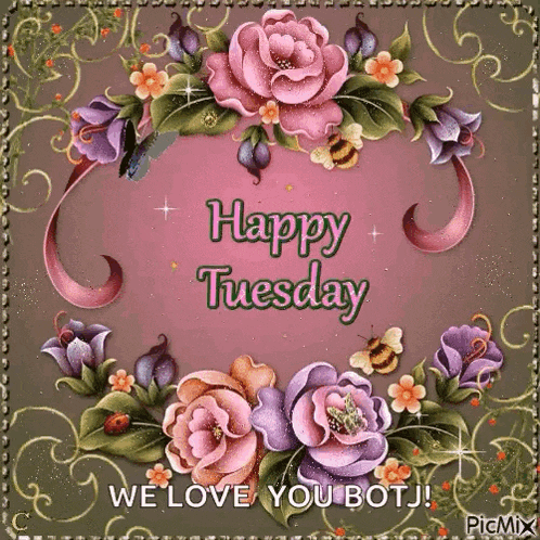 a happy tuesday card with flowers and butterflies