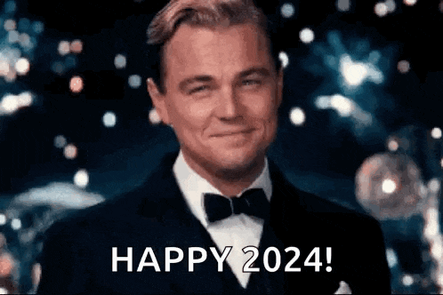 leonardo dicaprio is wearing a tuxedo and bow tie and smiling while saying happy 2024 .