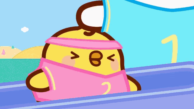 a cartoon chicken wearing a pink shirt with a number 2 on it