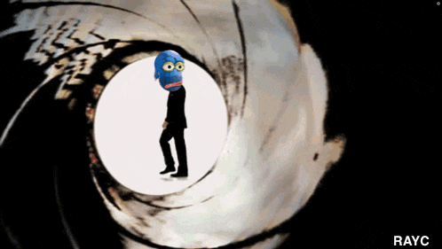 a man with a blue mask on his head is walking through a gun barrel with rayc written below him