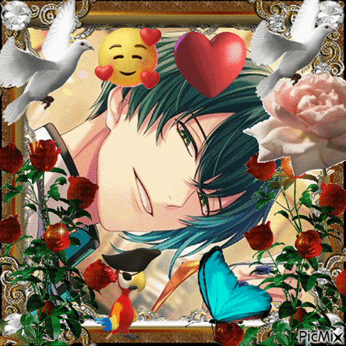 a picture of a boy surrounded by flowers and birds with a smiley face and a heart on his head