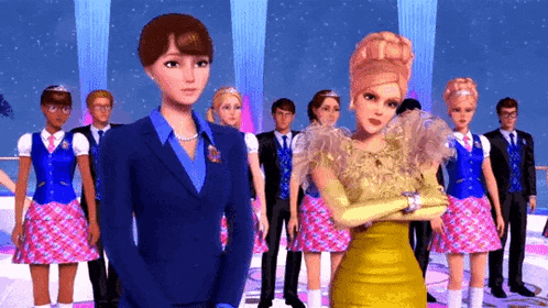a group of cartoon characters standing next to each other including a boy and a girl