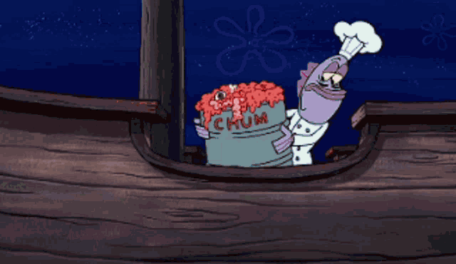 a cartoon character with a chef 's hat is on a boat with spaghetti coming out of his mouth