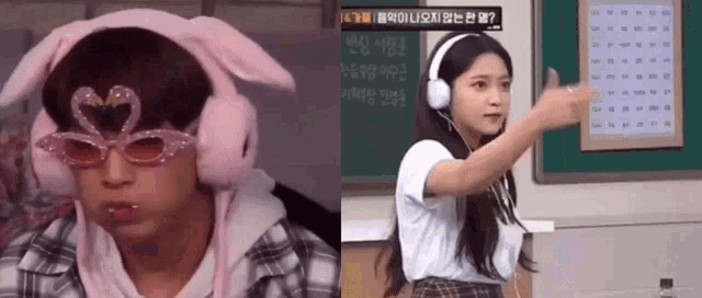 a man wearing bunny ears and a woman wearing headphones