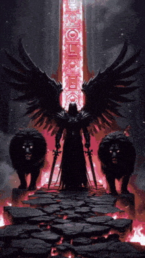 a man with wings and a sword stands in front of two lions with glowing eyes