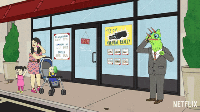 a cartoon of a lizard looking through binoculars in front of a virtual reality store