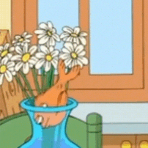a cartoon drawing of a vase filled with flowers with a hand sticking out of it