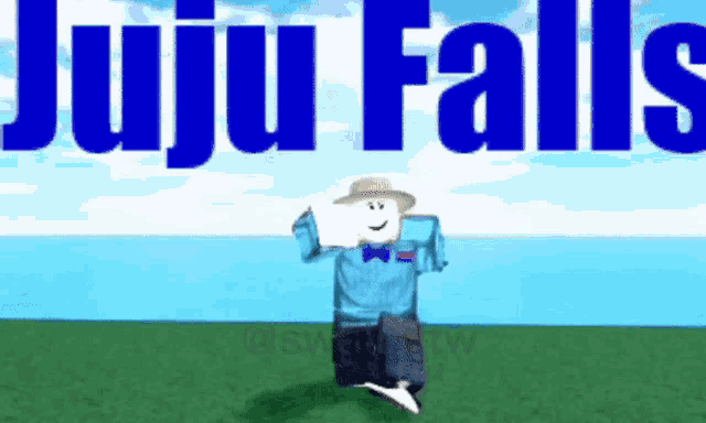 a roblox character is dancing in front of a sign that says juju falls