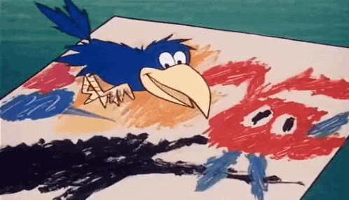 a cartoon bird is sitting on top of a piece of paper with a drawing of a bird on it .