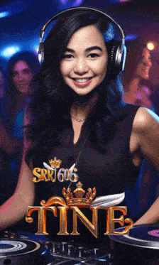 a woman wearing headphones is smiling in front of a sign that says srj606 tine