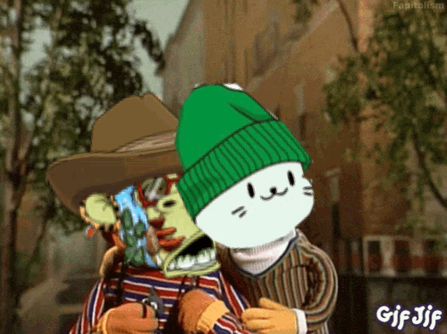 a gif of a cat wearing a green hat and a cowboy