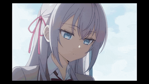 a girl with white hair and blue eyes has a bow in her hair