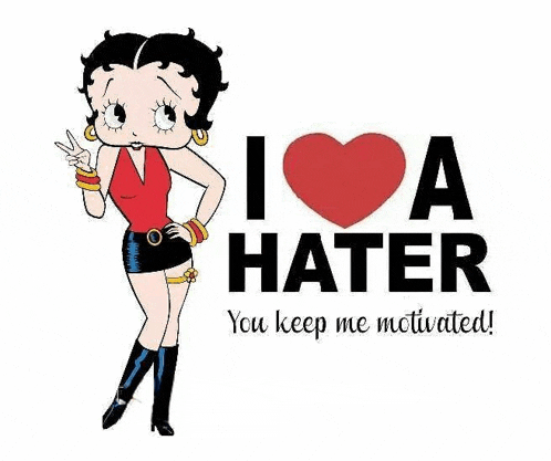 betty boop is giving a peace sign and saying `` i love a hater you keep me motivated ! ''