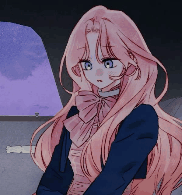 a girl with pink hair and blue eyes is wearing a bow tie