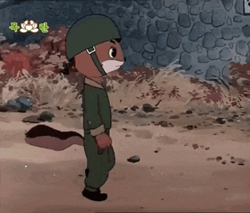 a cartoon character wearing a military uniform and helmet is standing in front of a stone wall